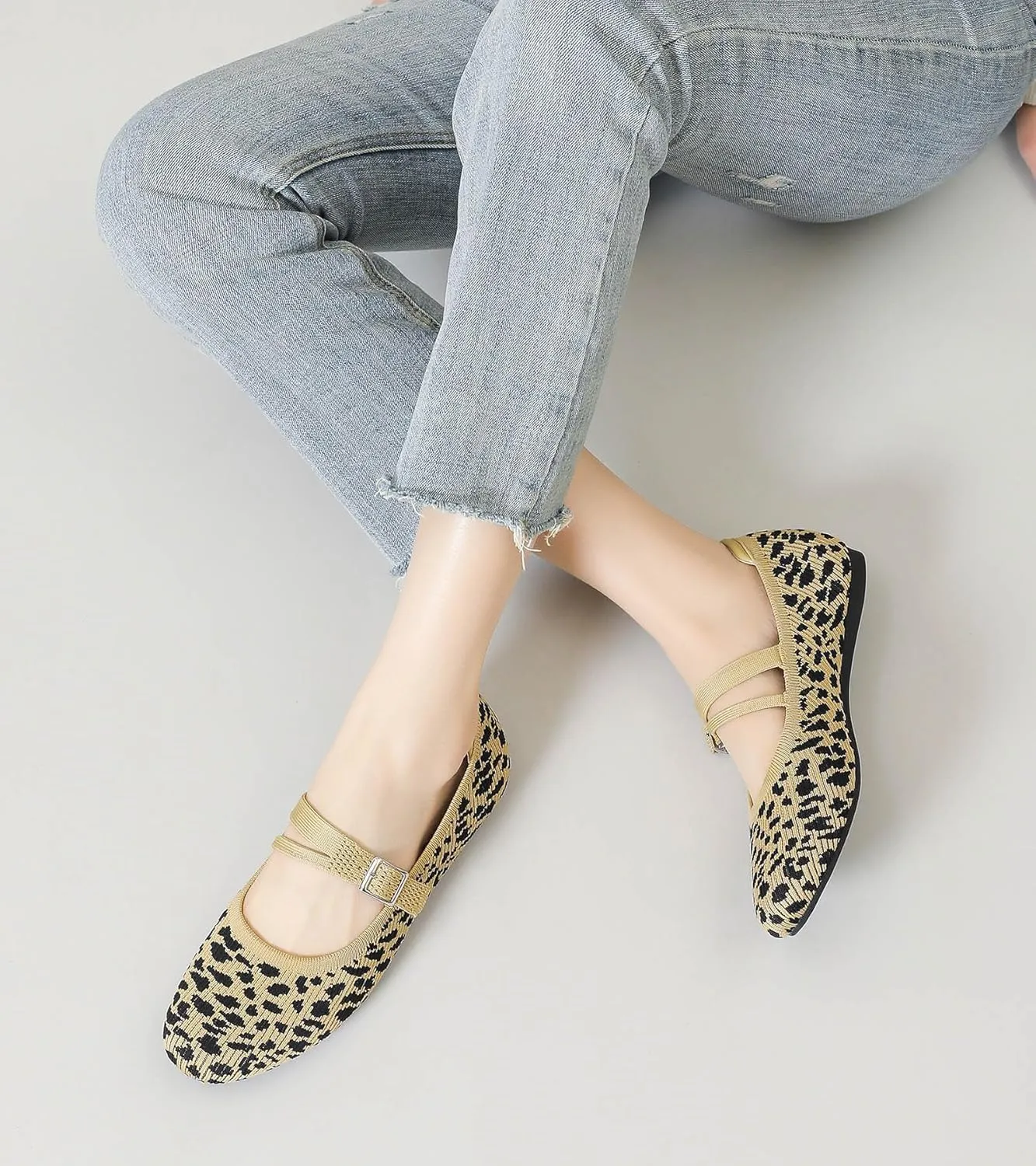 Mary Janes for Women Ballet Flats Comfortable Round Toe Knit Slip On Flats Adjustable Straps Casual Work Dress Flats Shoes