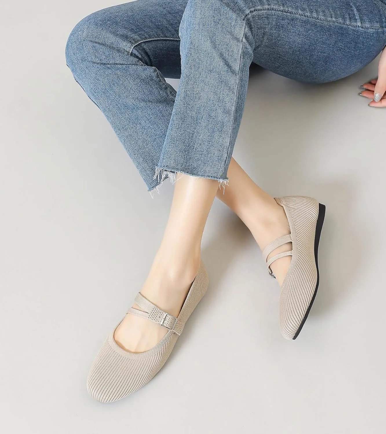 Mary Janes for Women Ballet Flats Comfortable Round Toe Knit Slip On Flats Adjustable Straps Casual Work Dress Flats Shoes