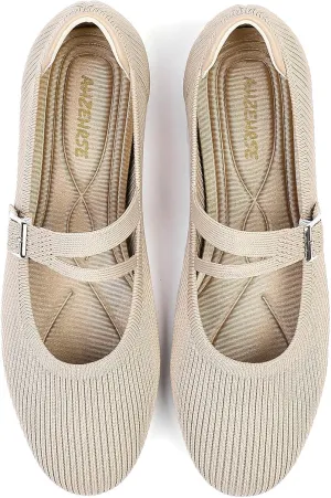 Mary Janes for Women Ballet Flats Comfortable Round Toe Knit Slip On Flats Adjustable Straps Casual Work Dress Flats Shoes
