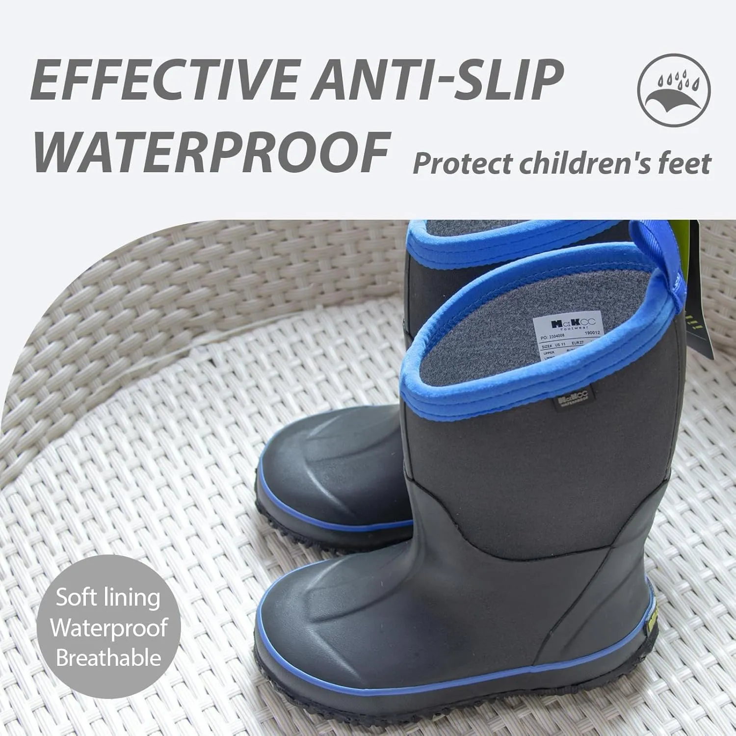 MCIKCC Kids Rain Boots - Waterproof Neoprene Snow Boots for Boys Toddlers, Non-Slip Winter Mud Boots with Warm Lining (Multiple Sizes)