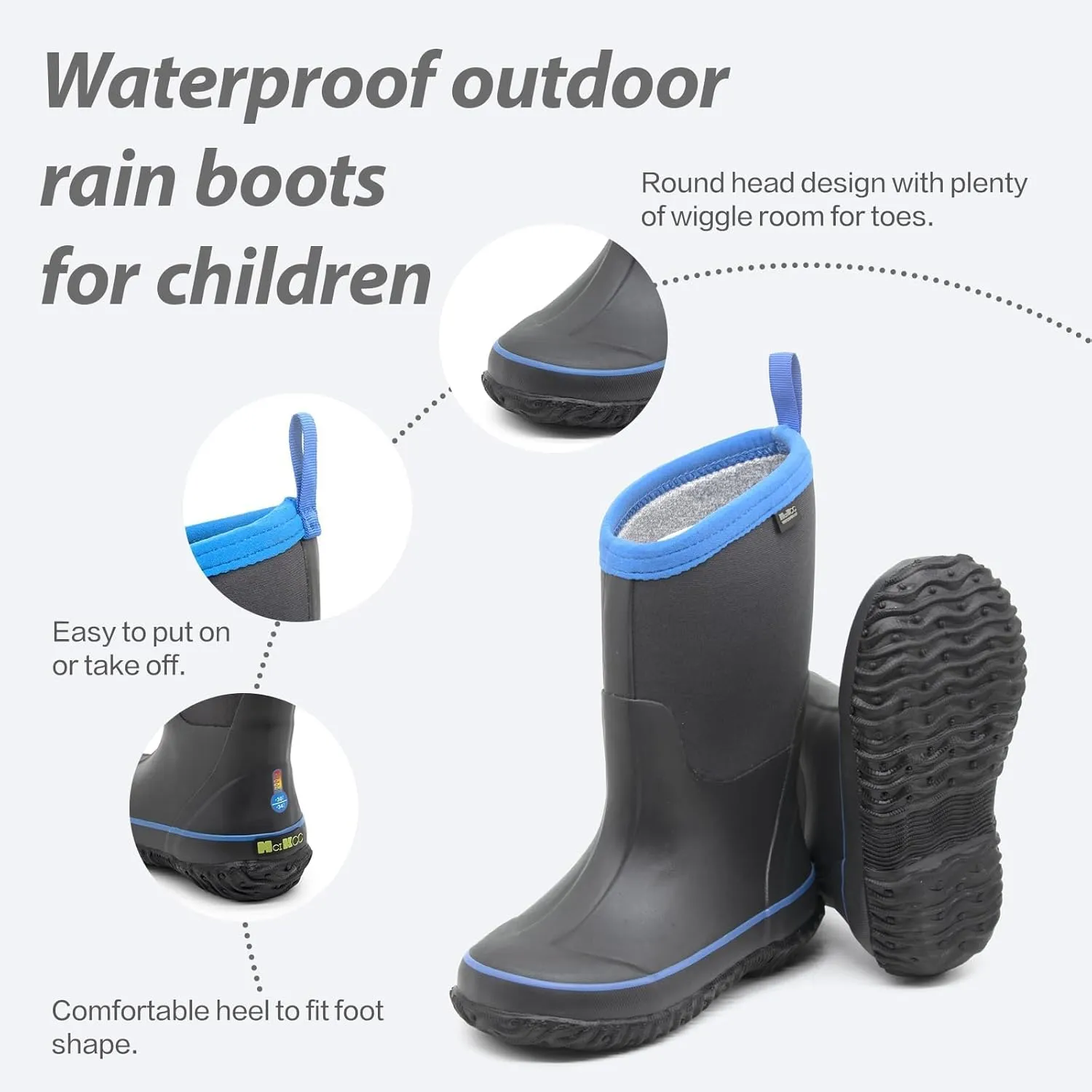 MCIKCC Kids Rain Boots - Waterproof Neoprene Snow Boots for Boys Toddlers, Non-Slip Winter Mud Boots with Warm Lining (Multiple Sizes)