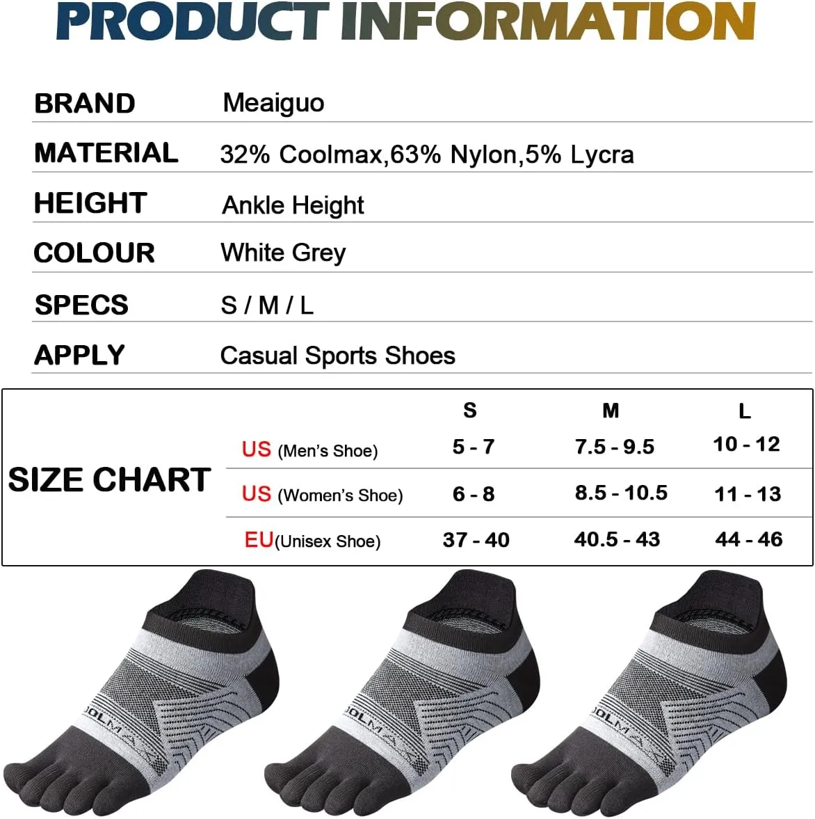 Meaiguo Coolmax Toe Socks for Men Women Low Cut Five Finger Socks Running Hiking 3 Pairs