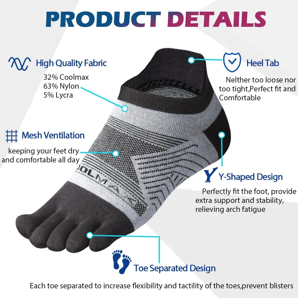 Meaiguo Coolmax Toe Socks for Men Women Low Cut Five Finger Socks Running Hiking 3 Pairs