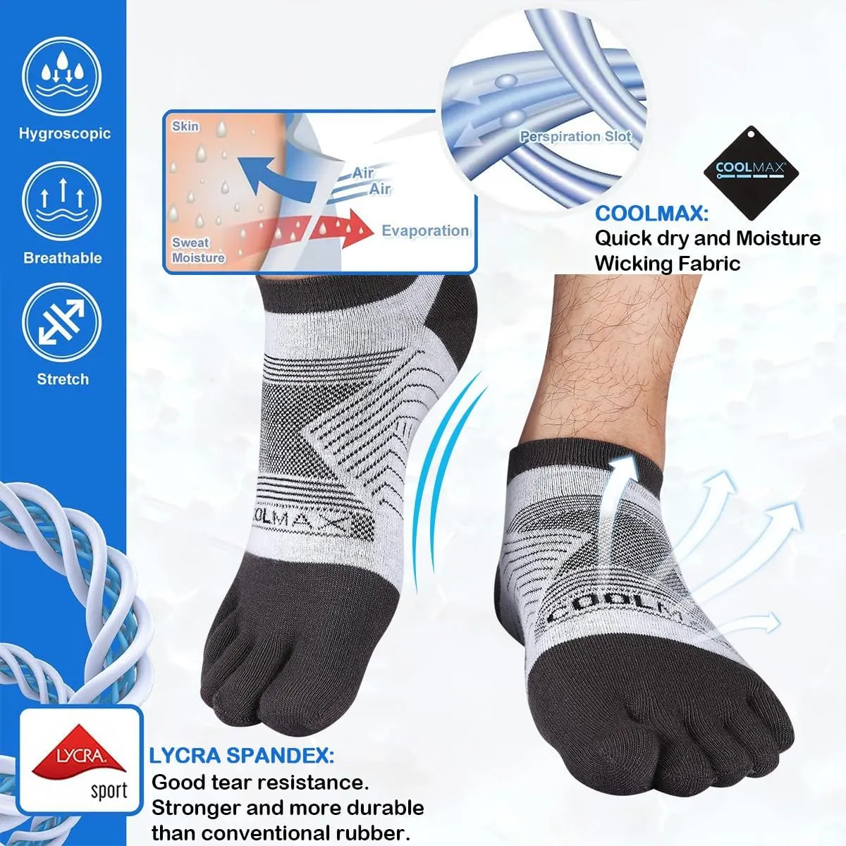 Meaiguo Coolmax Toe Socks for Men Women Low Cut Five Finger Socks Running Hiking 3 Pairs