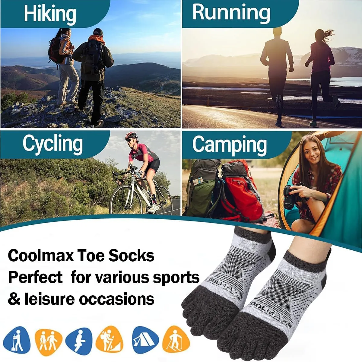 Meaiguo Coolmax Toe Socks for Men Women Low Cut Five Finger Socks Running Hiking 3 Pairs