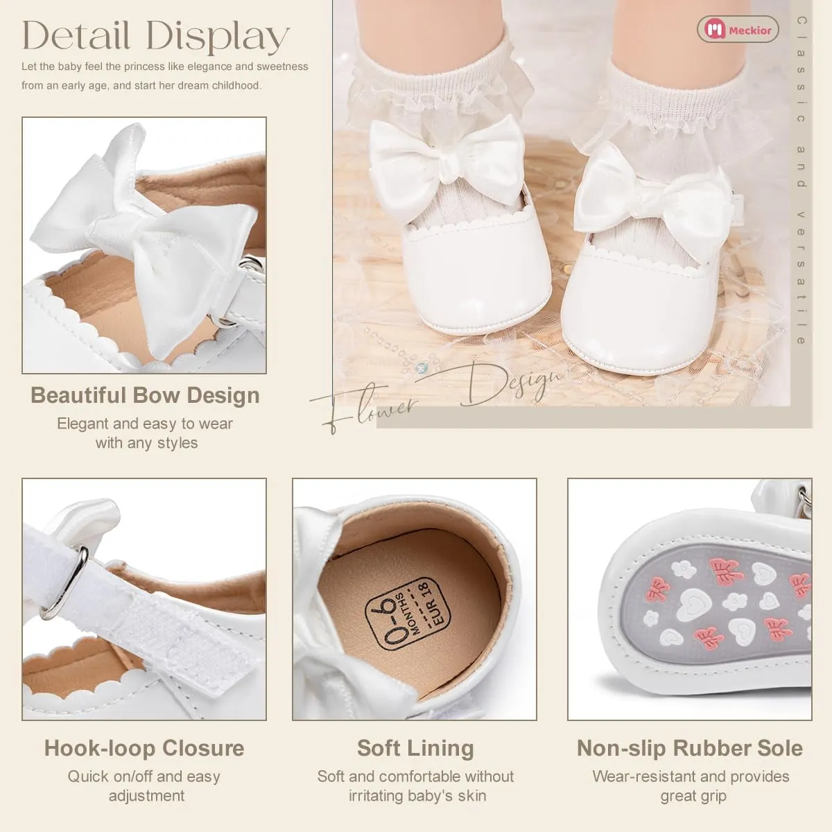 Meckior Infant Baby Girls Boys Handmade Princess Flats Toddler First Walkers Soft PU Leather Non-Slip Crib Wedding Dress Shoes