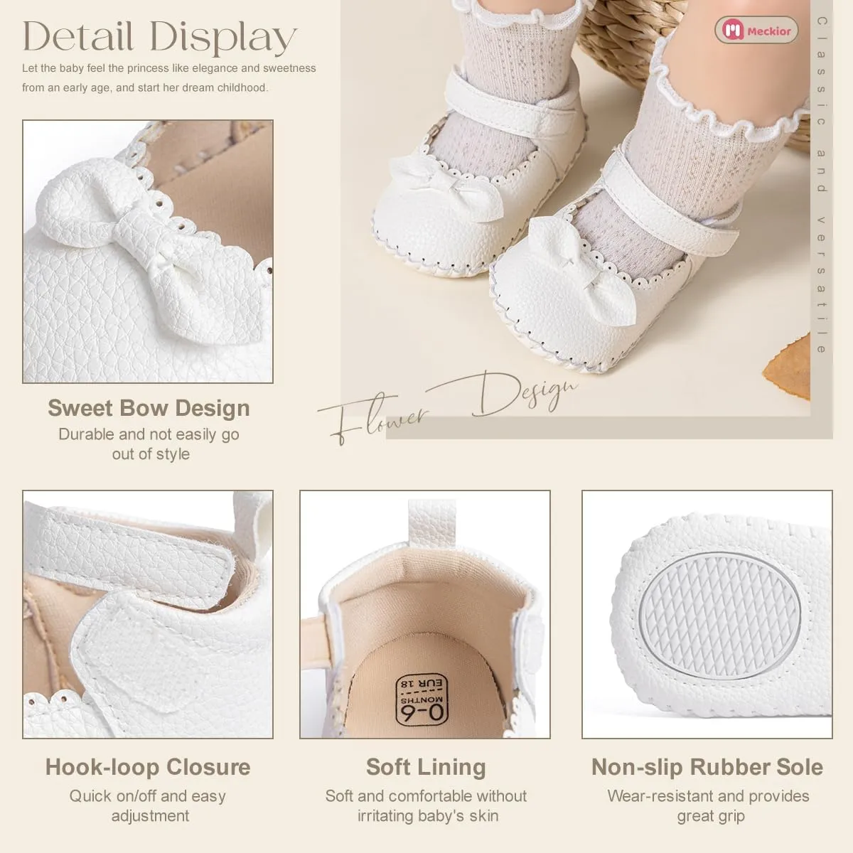 Meckior Infant Baby Girls Boys Handmade Princess Flats Toddler First Walkers Soft PU Leather Non-Slip Crib Wedding Dress Shoes