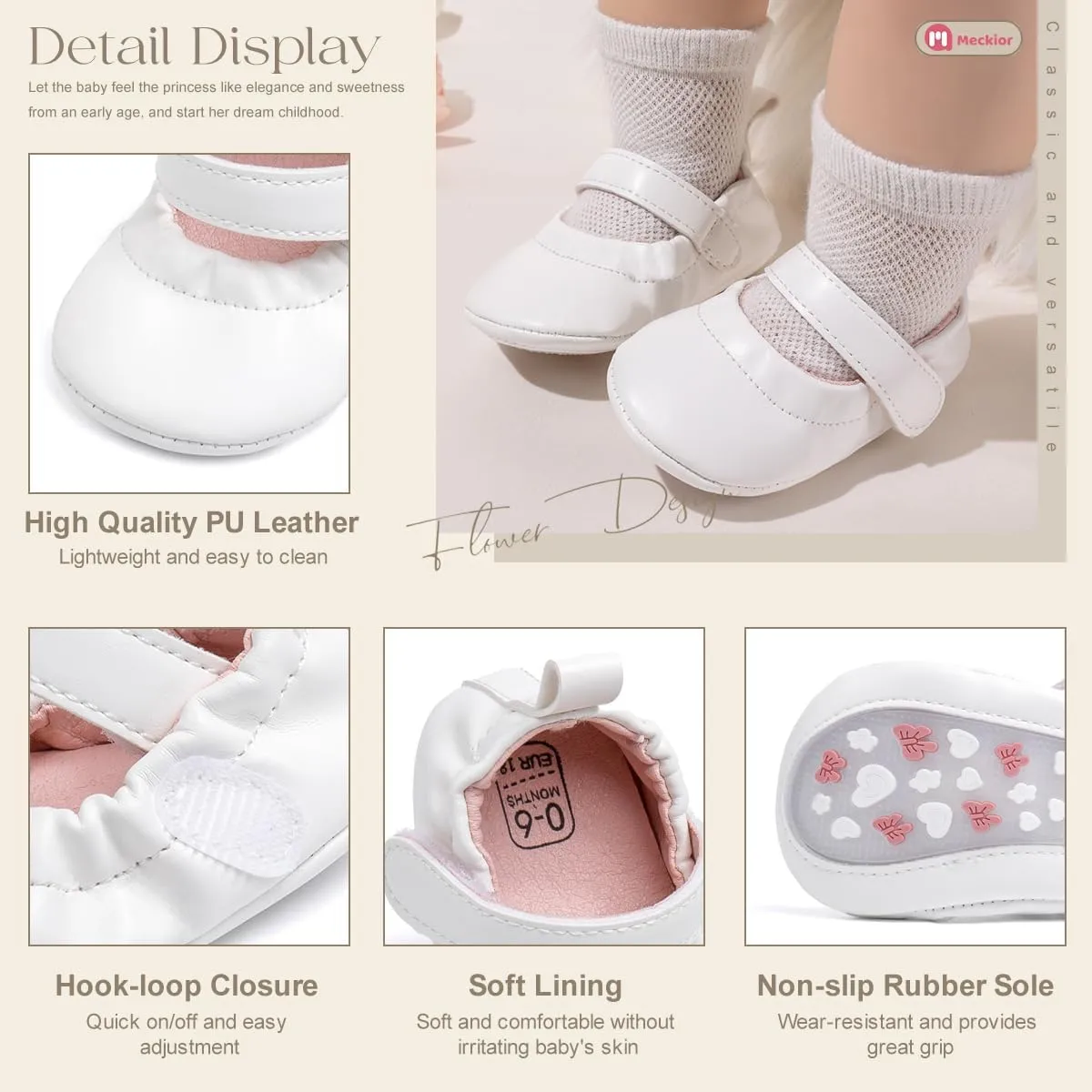Meckior Infant Baby Girls Boys Handmade Princess Flats Toddler First Walkers Soft PU Leather Non-Slip Crib Wedding Dress Shoes