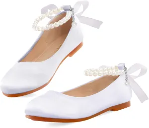 MEJORMEN Girls Dress Shoes Toddler Mary Jane Ballet Flats Princess Lace-Up Pearl Ankle Strap Dress Shoes for Flower Girls Wedding Party School