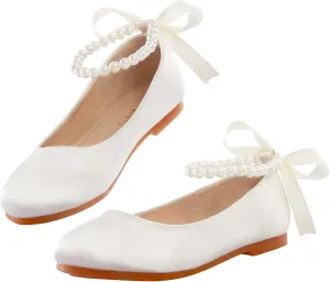 MEJORMEN Girls Dress Shoes Toddler Mary Jane Ballet Flats Princess Lace-Up Pearl Ankle Strap Dress Shoes for Flower Girls Wedding Party School