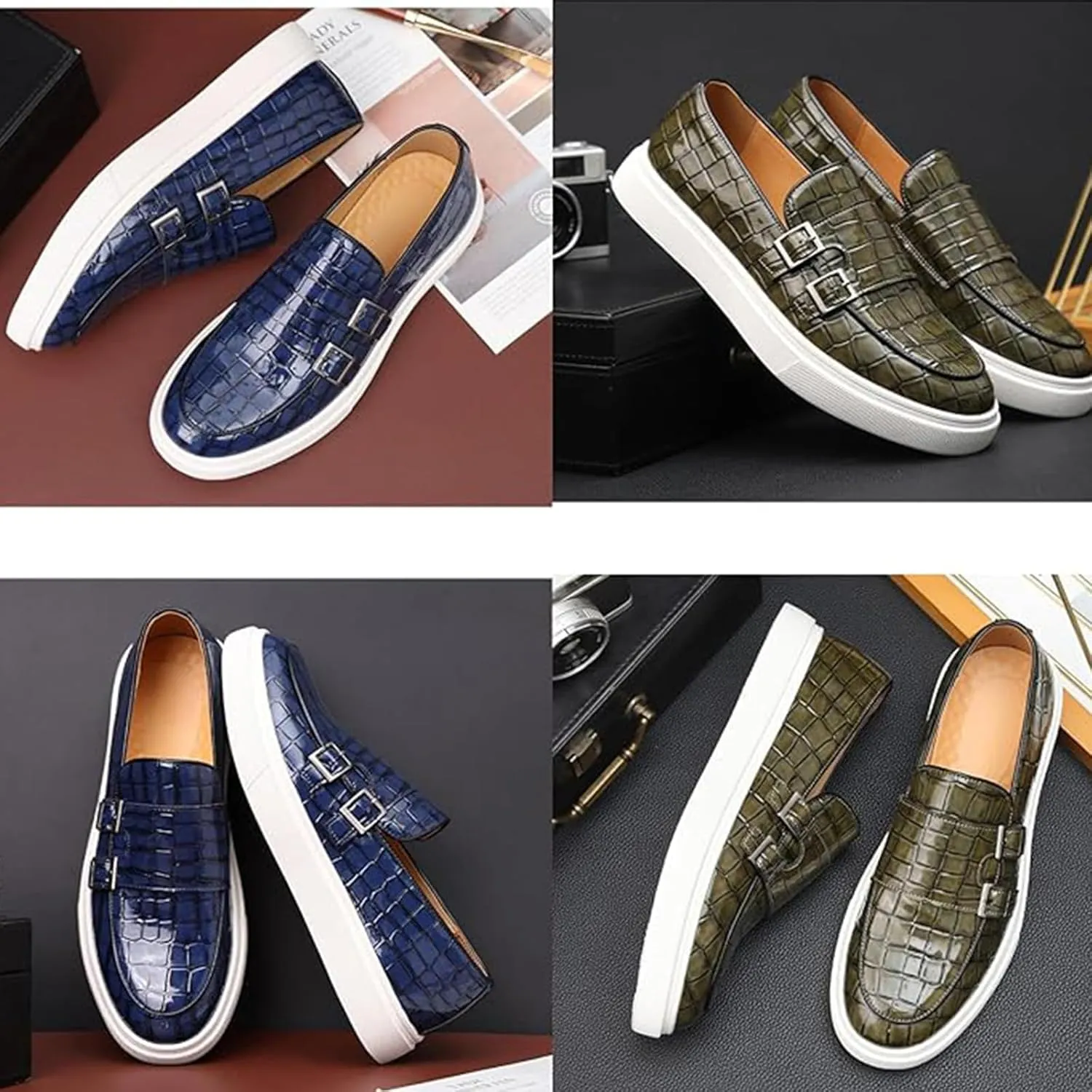 Men Crocodile Print Double Monk Strap Slip On Loafers Fashionable Patent Leather Classic Oxford Formal Business Shoes Comfortable Dress Shoes