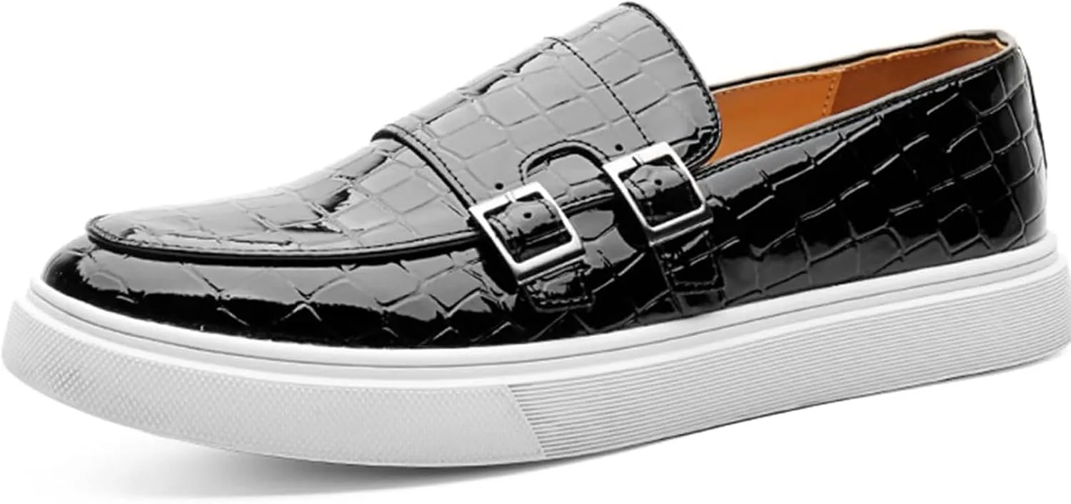Men Crocodile Print Double Monk Strap Slip On Loafers Fashionable Patent Leather Classic Oxford Formal Business Shoes Comfortable Dress Shoes