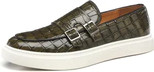 Men Crocodile Print Double Monk Strap Slip On Loafers Fashionable Patent Leather Classic Oxford Formal Business Shoes Comfortable Dress Shoes