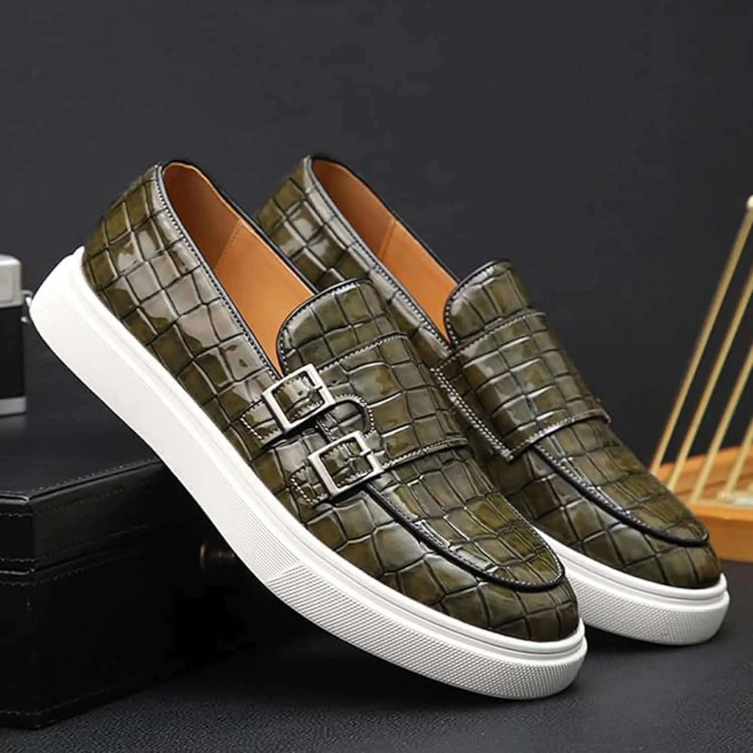 Men Crocodile Print Double Monk Strap Slip On Loafers Fashionable Patent Leather Classic Oxford Formal Business Shoes Comfortable Dress Shoes