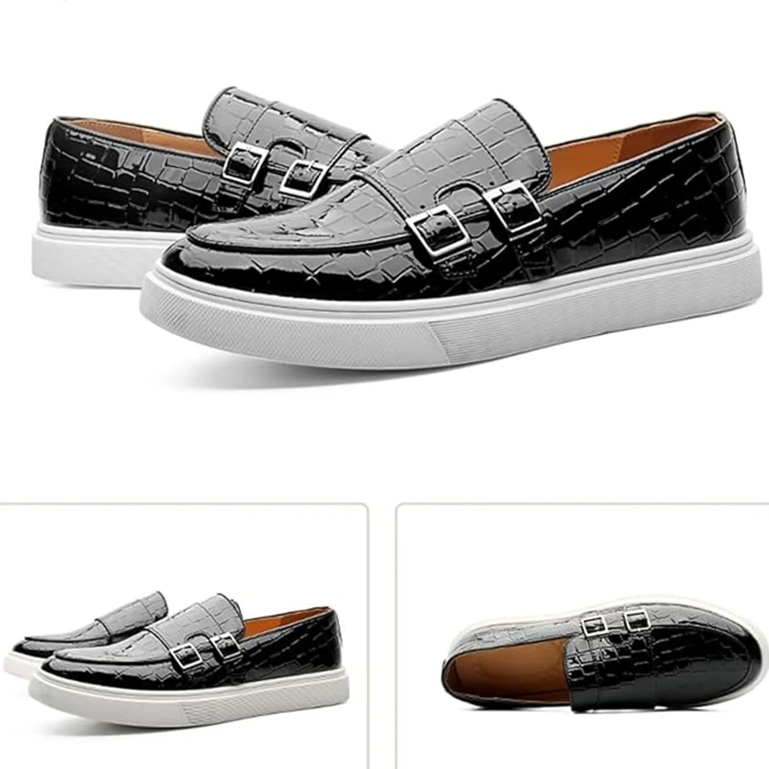 Men Crocodile Print Double Monk Strap Slip On Loafers Fashionable Patent Leather Classic Oxford Formal Business Shoes Comfortable Dress Shoes