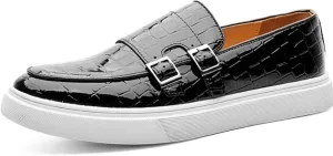 Men Crocodile Print Double Monk Strap Slip On Loafers Fashionable Patent Leather Classic Oxford Formal Business Shoes Comfortable Dress Shoes