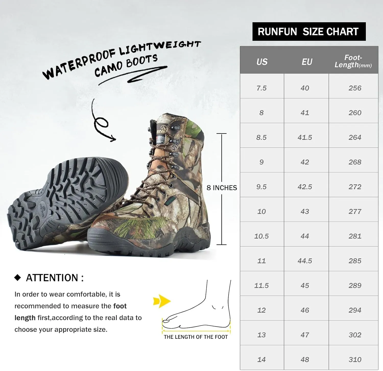 Men's 8" Waterproof Hunting Boots Lightweight Insulated Camo Outdoor Boot, 400g Thinsulate