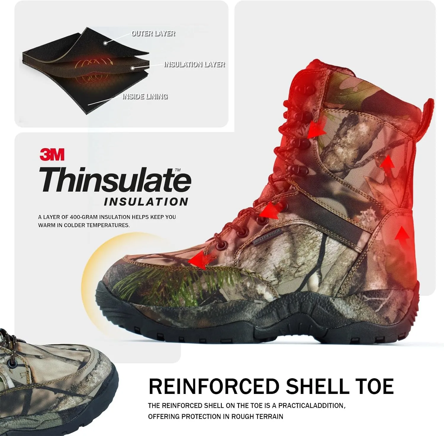 Men's 8" Waterproof Hunting Boots Lightweight Insulated Camo Outdoor Boot, 400g Thinsulate