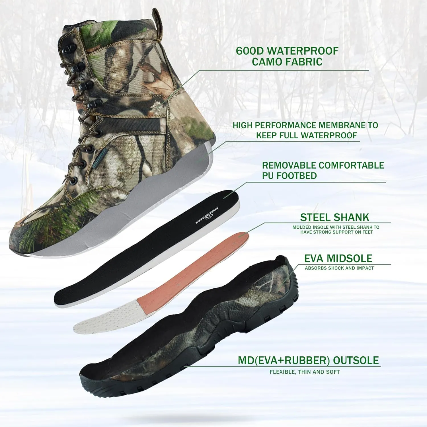 Men's 8" Waterproof Hunting Boots Lightweight Insulated Camo Outdoor Boot, 400g Thinsulate