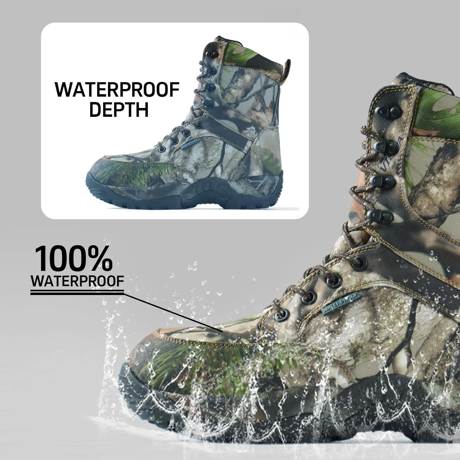 Men's 8" Waterproof Hunting Boots Lightweight Insulated Camo Outdoor Boot, 400g Thinsulate