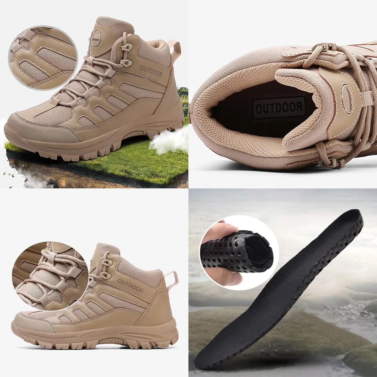 Men's Breathable Waterproof Non-Slip Hiking Boots Leather Lightweight Comfortable Quick Dry Lace-up Outdoor Ankle Boots for Walking Trekking Work Camping