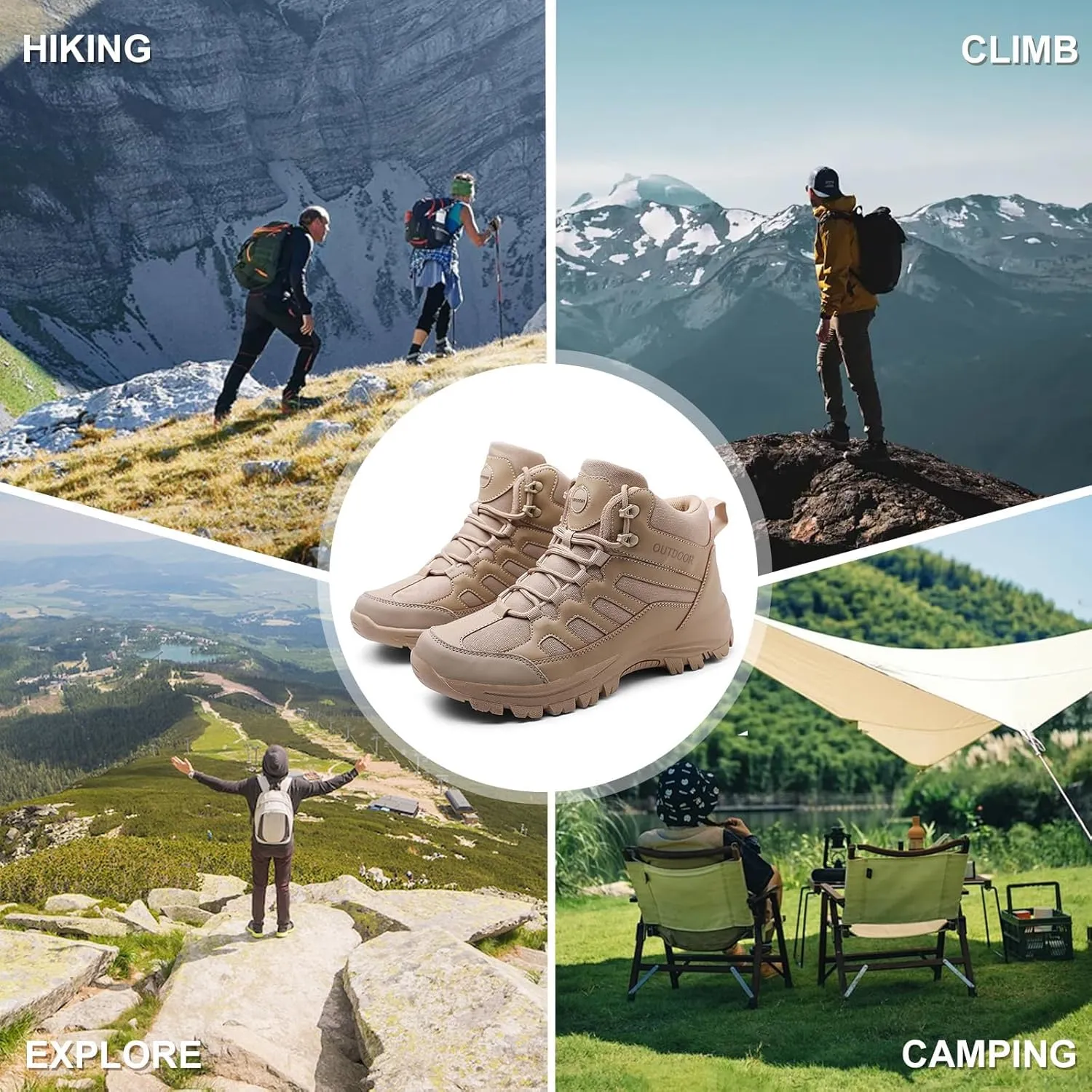 Men's Breathable Waterproof Non-Slip Hiking Boots Leather Lightweight Comfortable Quick Dry Lace-up Outdoor Ankle Boots for Walking Trekking Work Camping