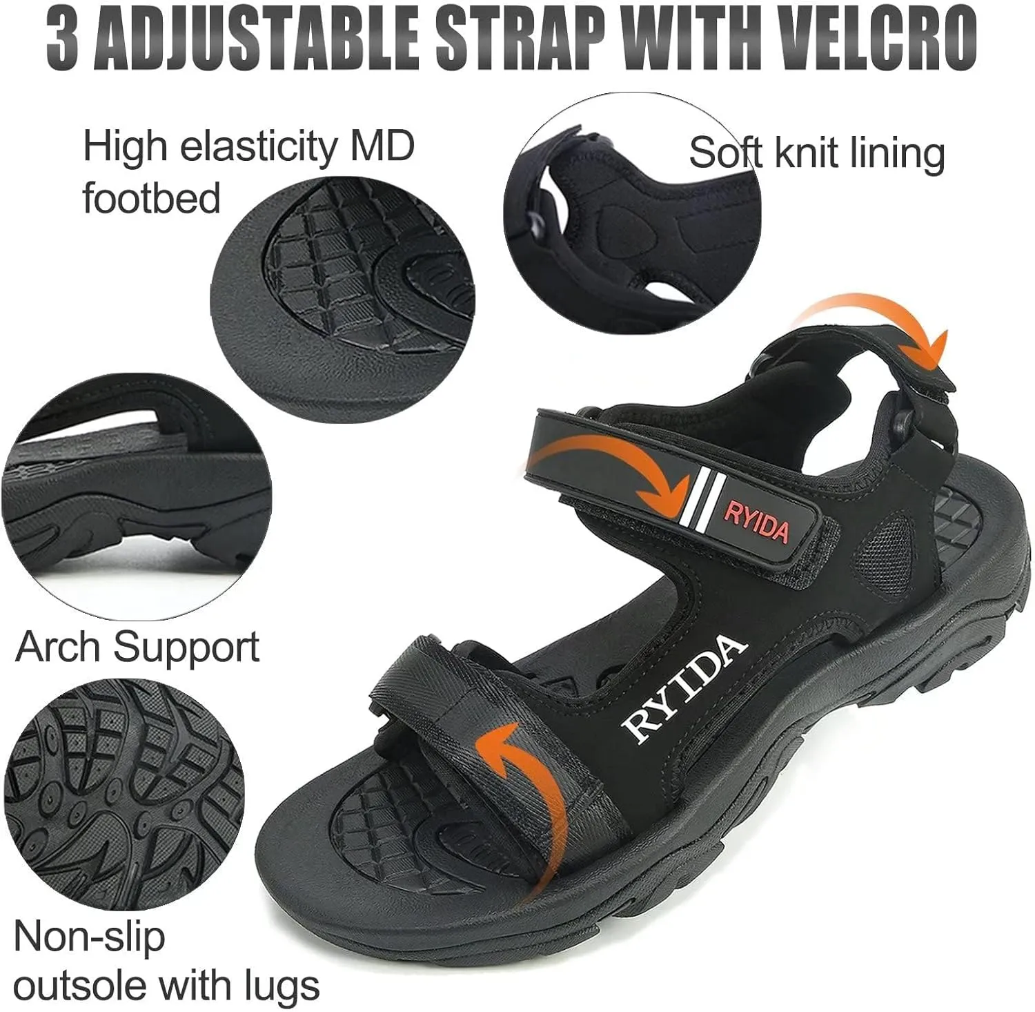 Men's Hiking Sport Sandals, Athletic-sandals with Adjustable 3-Strap Design, Non-Slip Lightweight, Arch Support, and Comfortable Material for Outdoor Activities, Beach, and Summer Walking