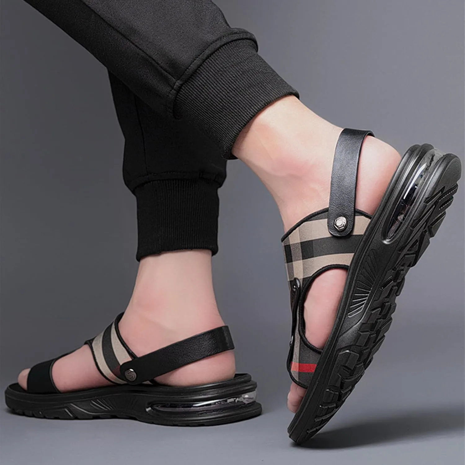 Men's Leather Adjustable Back Strap Flats Sandals Comfort Open Toe Slip-On Non-Slip Dual Use Strap Beach Sandals Casual Summer Air Cushion Slidess