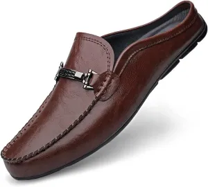 Men's Leather Slip-On Loafers, Half Shoes,Backless Moccasin, Casual Driving Shoes, Brown, Black