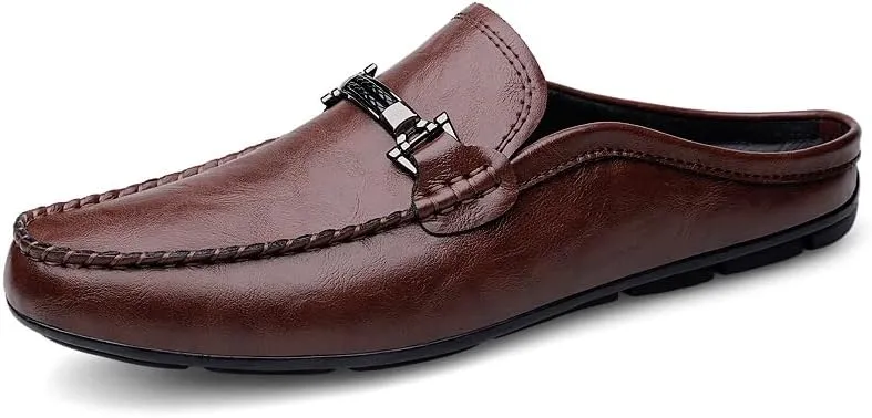 Men's Leather Slip-On Loafers, Half Shoes,Backless Moccasin, Casual Driving Shoes, Brown, Black