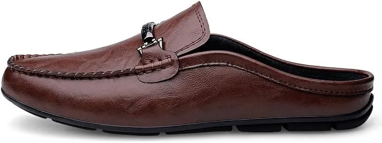 Men's Leather Slip-On Loafers, Half Shoes,Backless Moccasin, Casual Driving Shoes, Brown, Black