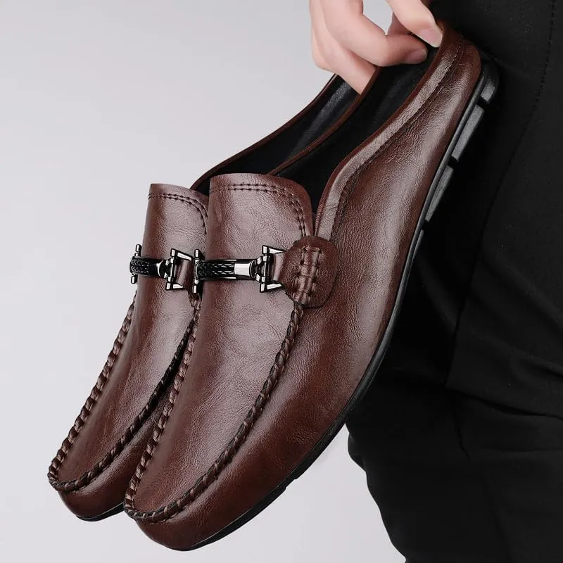 Men's Leather Slip-On Loafers, Half Shoes,Backless Moccasin, Casual Driving Shoes, Brown, Black