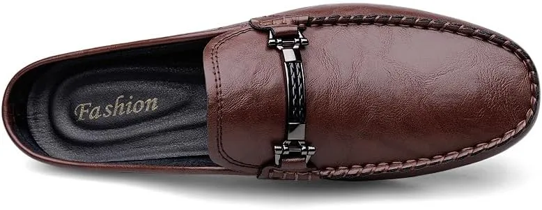 Men's Leather Slip-On Loafers, Half Shoes,Backless Moccasin, Casual Driving Shoes, Brown, Black