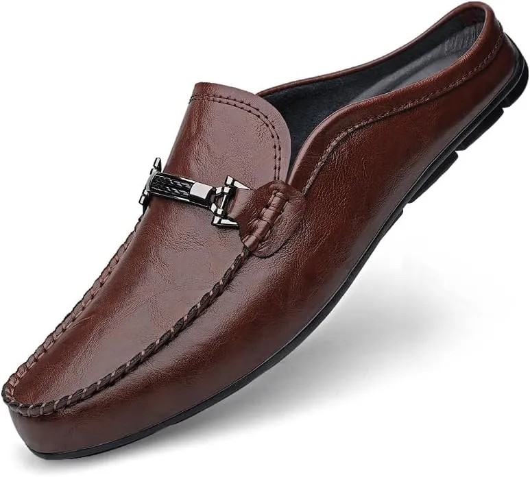 Men's Leather Slip-On Loafers, Half Shoes,Backless Moccasin, Casual Driving Shoes, Brown, Black