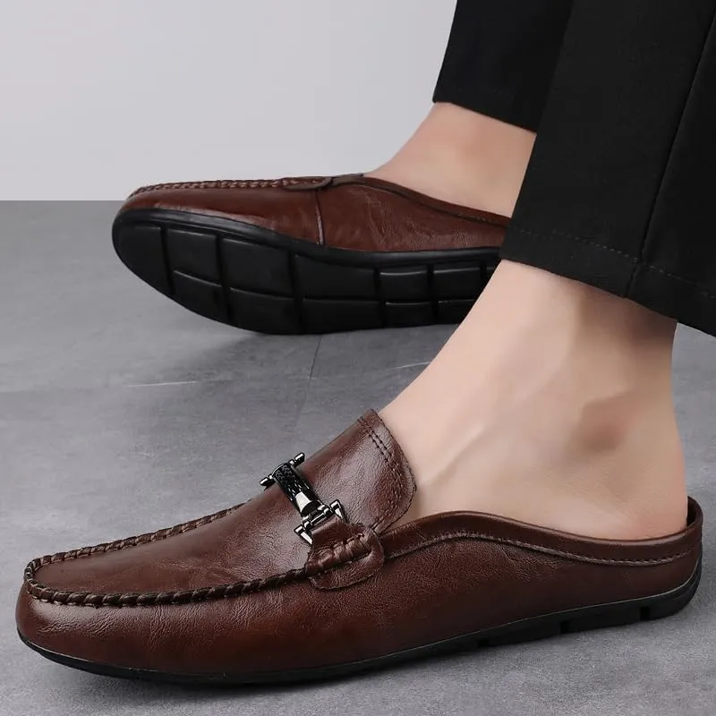 Men's Leather Slip-On Loafers, Half Shoes,Backless Moccasin, Casual Driving Shoes, Brown, Black