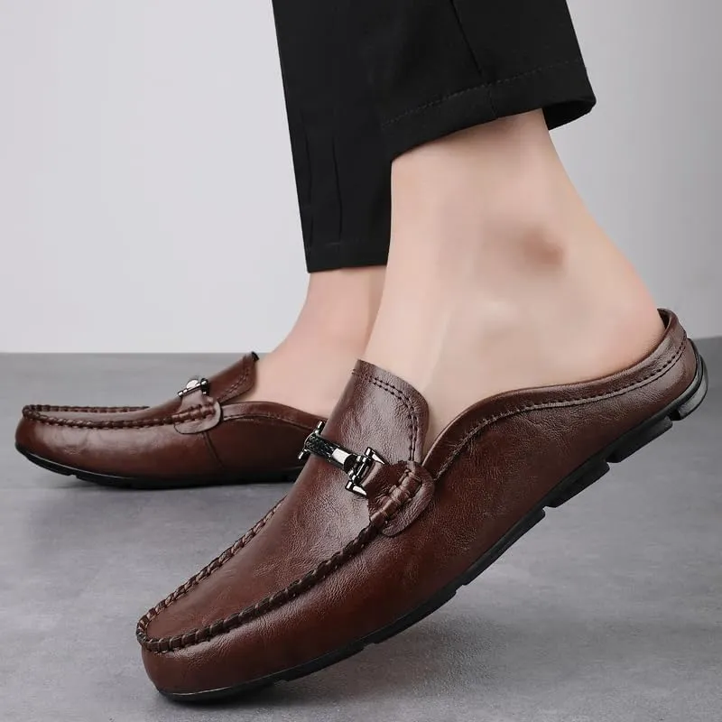 Men's Leather Slip-On Loafers, Half Shoes,Backless Moccasin, Casual Driving Shoes, Brown, Black
