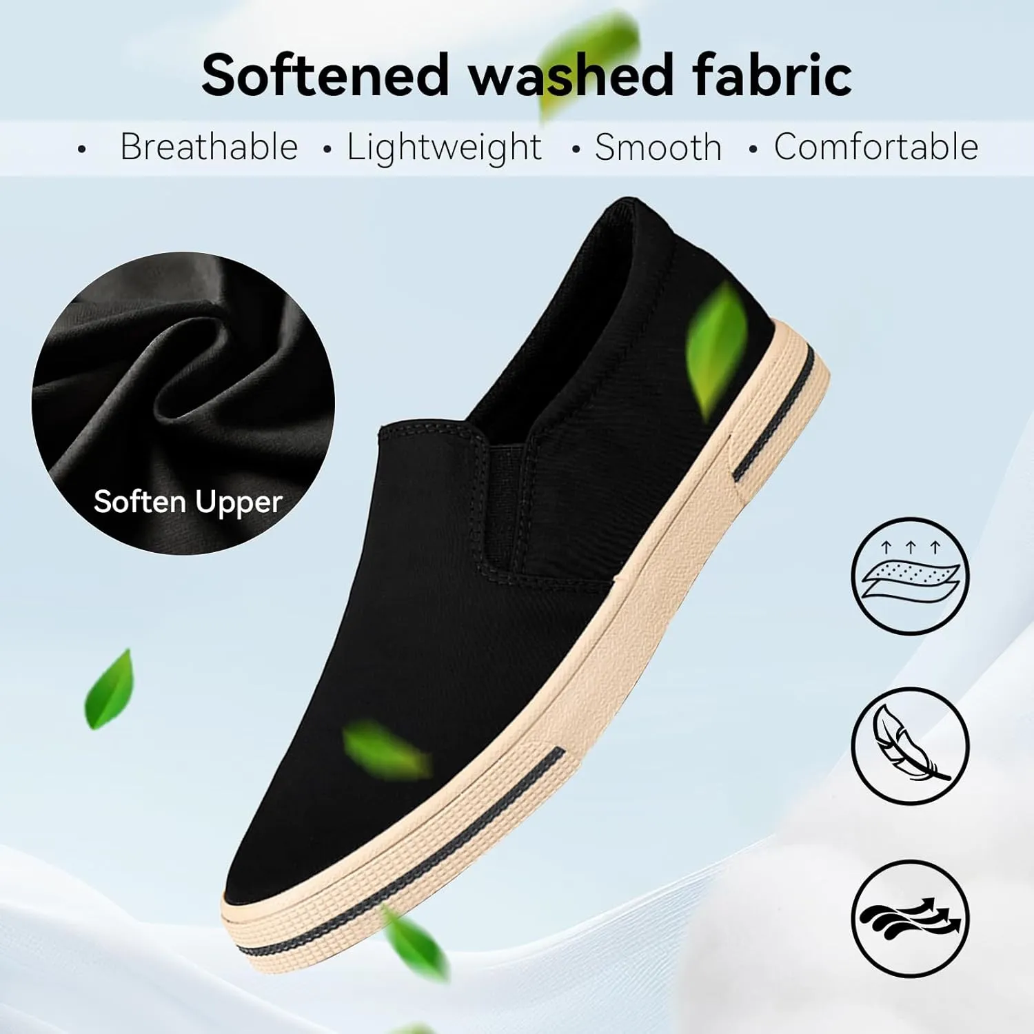 Mens Slip on Shoes Washed Fabric Black Fashion Sneakers Wide Walking Lightweight Causal Footwear Shoes Grey Breathable Loafers for Men