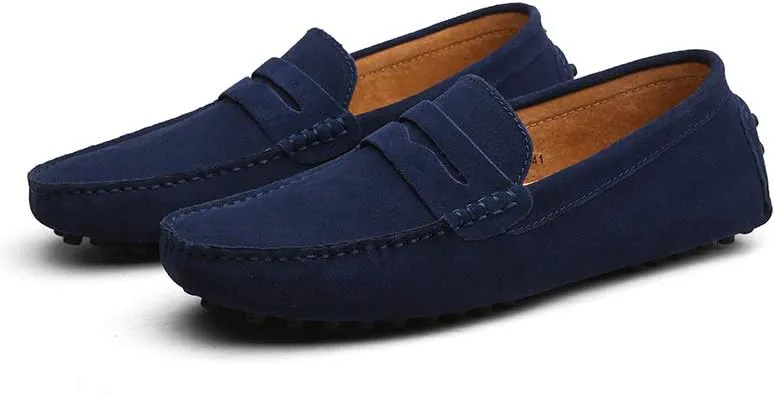 Men's Suede Leather Penny Loafers, Casual Driving Moccasins, Slip-On Boat Shoes,Big Sizes