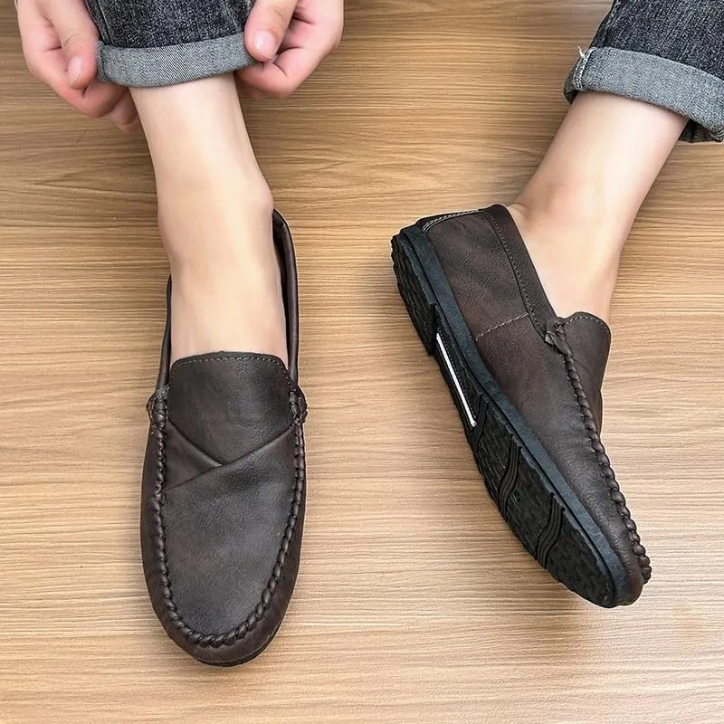 Men's Vegan Leather Loafers. Apron Toe Moccasins, Solid Color Flat Heel Lightweight & Slip-Resistant Classic Party Slip-Ons