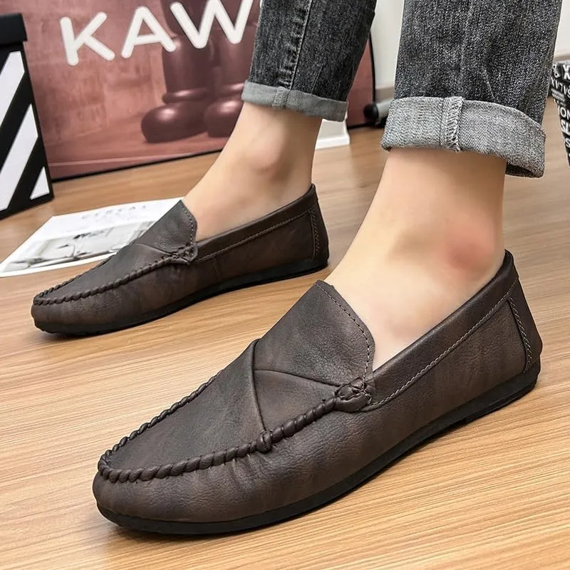 Men's Vegan Leather Loafers. Apron Toe Moccasins, Solid Color Flat Heel Lightweight & Slip-Resistant Classic Party Slip-Ons