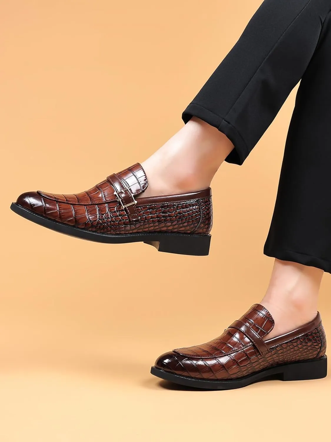 Men's Vintage Crocodile Print Strap Slip On Dress Shoes Formal Leather Loafers Business Casual Oxford