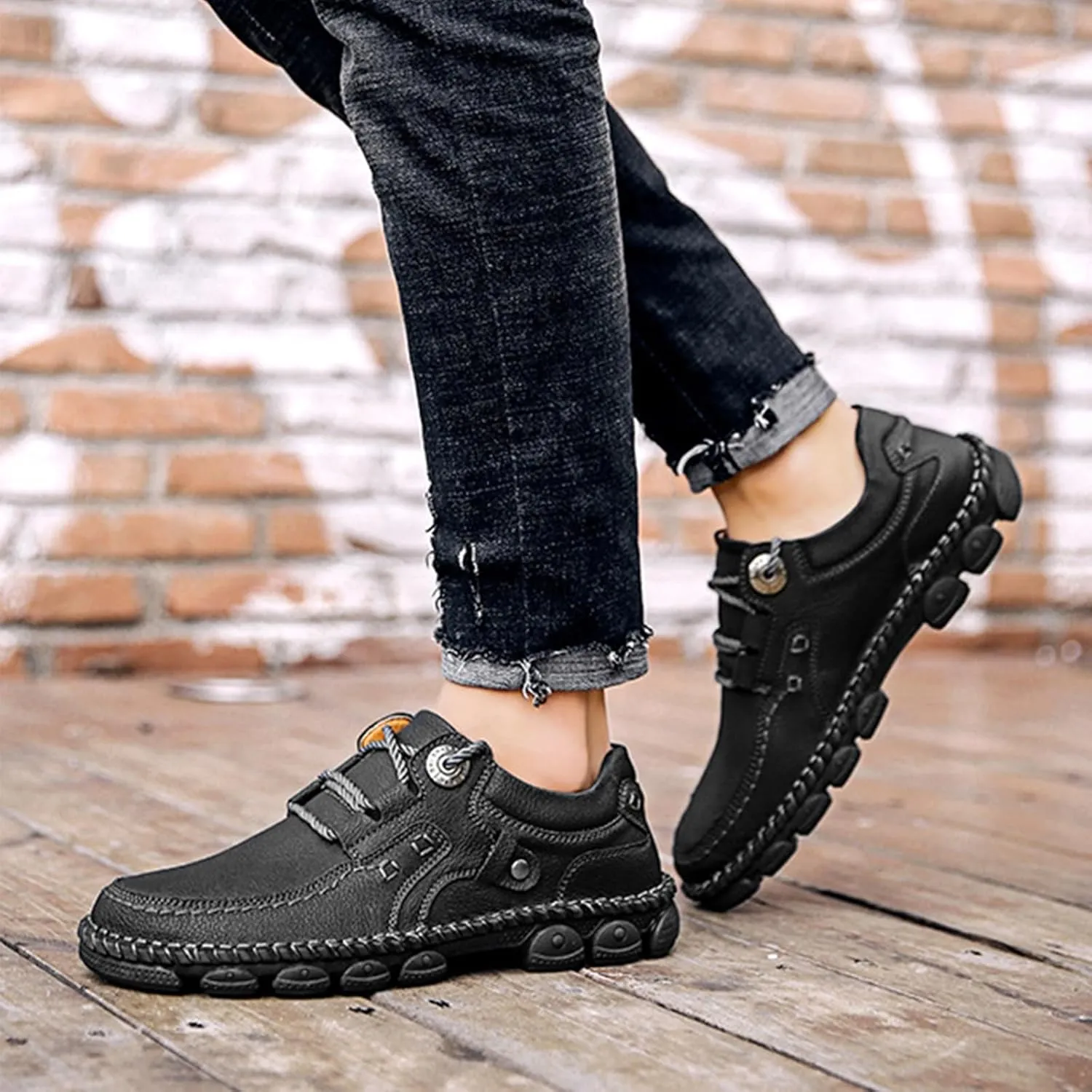 Men's Vintage Leather Casual Hiking Shoes Hand-Stitched Lace-Up Non-Slip Waterproof Sneakers Fashionable Comfortable Walking Driving Shoes