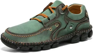 Men's Vintage Leather Casual Hiking Shoes Hand-Stitched Lace-Up Non-Slip Waterproof Sneakers Fashionable Comfortable Walking Driving Shoes