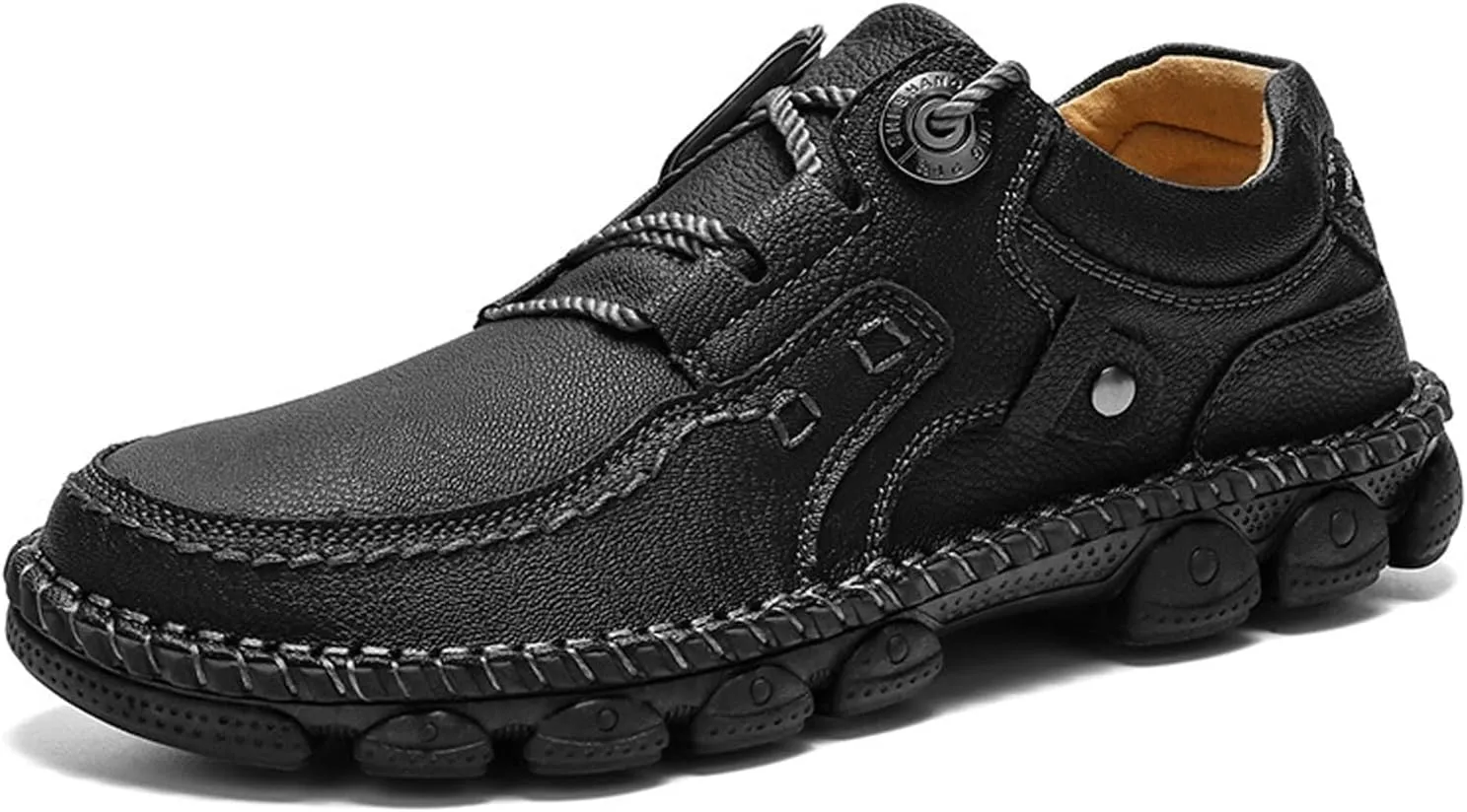 Men's Vintage Leather Casual Hiking Shoes Hand-Stitched Lace-Up Non-Slip Waterproof Sneakers Fashionable Comfortable Walking Driving Shoes