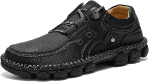 Men's Vintage Leather Casual Hiking Shoes Hand-Stitched Lace-Up Non-Slip Waterproof Sneakers Fashionable Comfortable Walking Driving Shoes