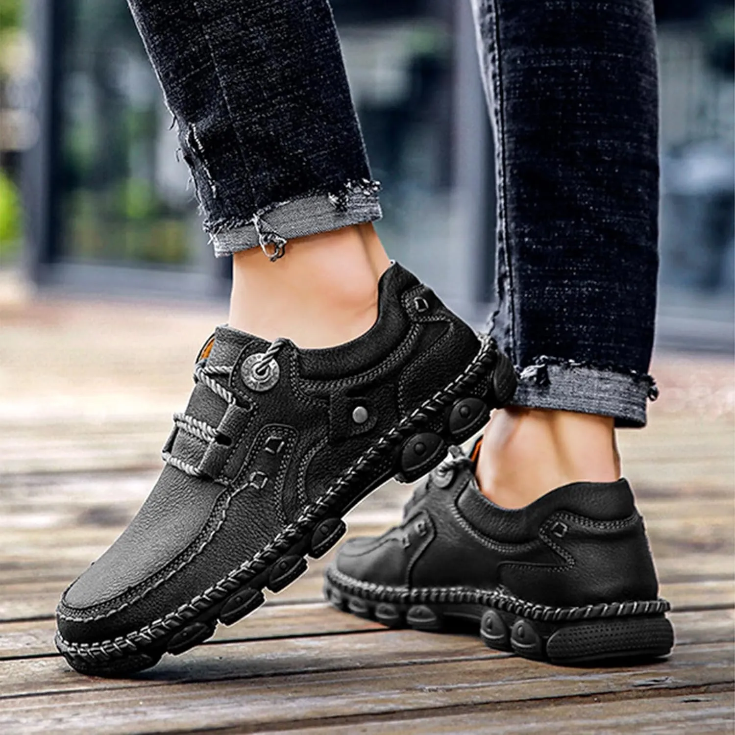 Men's Vintage Leather Casual Hiking Shoes Hand-Stitched Lace-Up Non-Slip Waterproof Sneakers Fashionable Comfortable Walking Driving Shoes