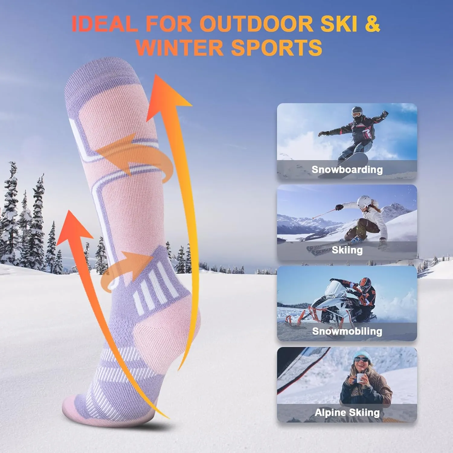 Merino Wool Ski Socks Women Men,2 Pairs Knee High Winter Warm Skiing Socks Performance Thermal Snowboarding Socks