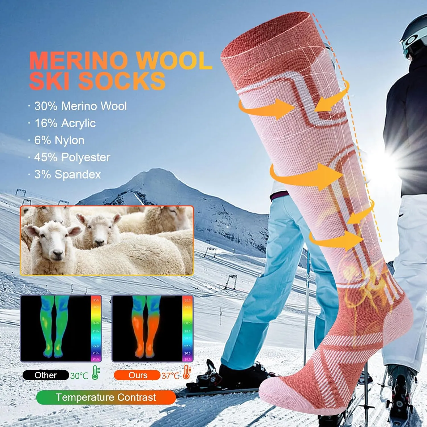 Merino Wool Ski Socks Women Men,2 Pairs Knee High Winter Warm Skiing Socks Performance Thermal Snowboarding Socks