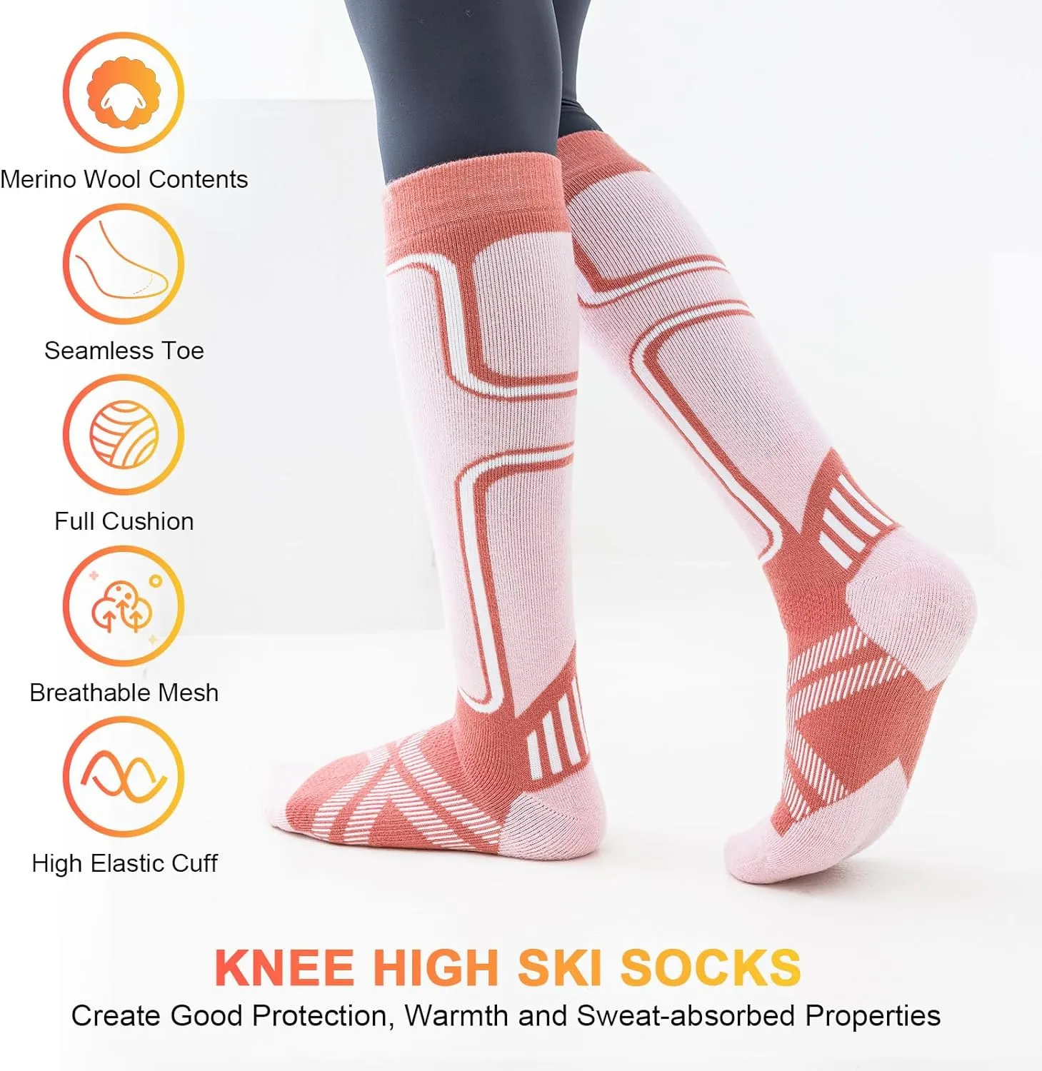 Merino Wool Ski Socks Women Men,2 Pairs Knee High Winter Warm Skiing Socks Performance Thermal Snowboarding Socks