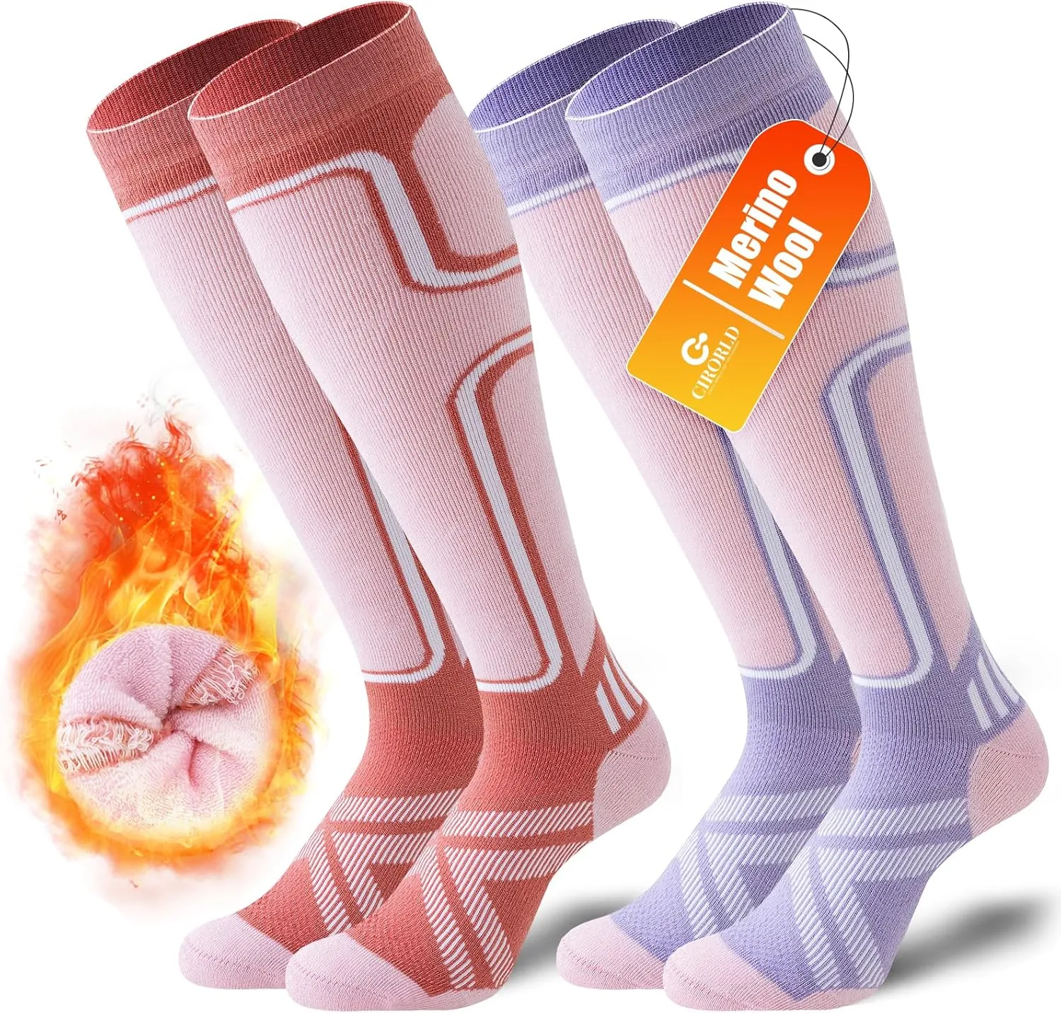 Merino Wool Ski Socks Women Men,2 Pairs Knee High Winter Warm Skiing Socks Performance Thermal Snowboarding Socks